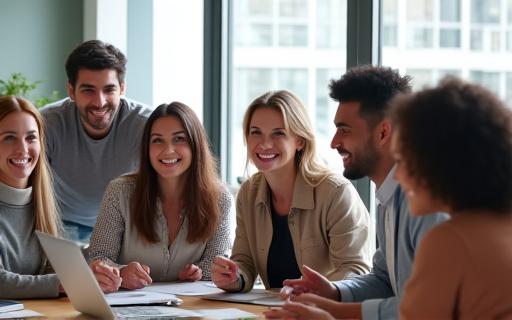 A diverse team collaborating happily in a modern office.