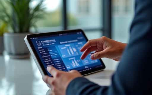 A person interacting with an HR dashboard on a tablet.